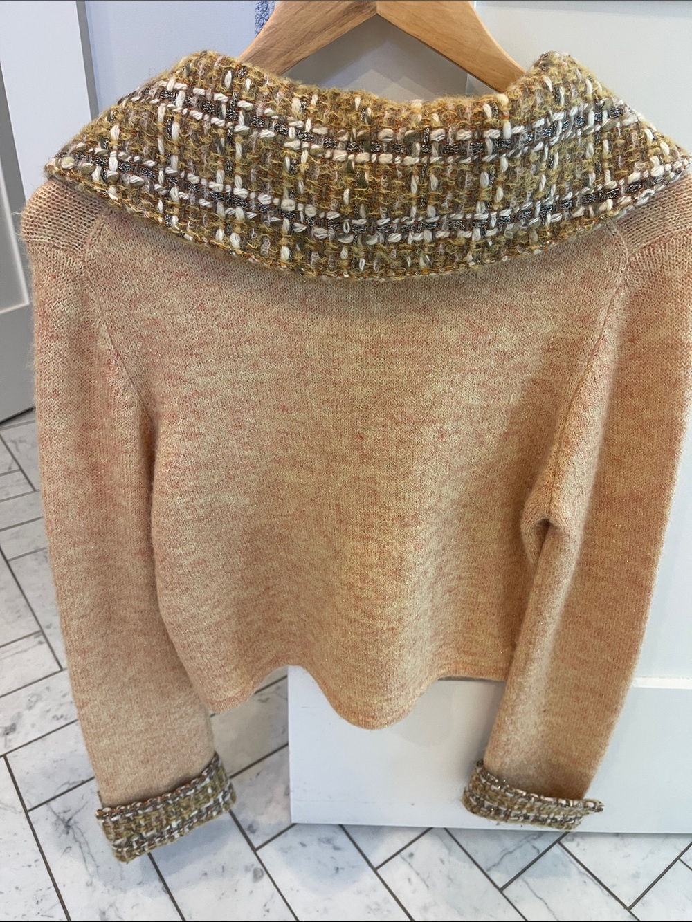 Anthropologie Medium Peach Knit Sweater with Tweed Collar and Cuffs - Picture 5 of 5